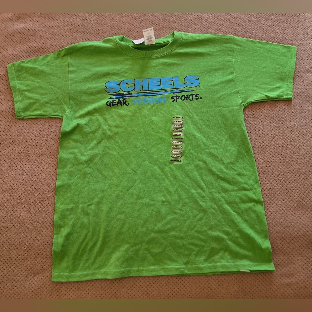 New Scheels Youth Large green Gear passion sports tshirt 100% cotton short sleev